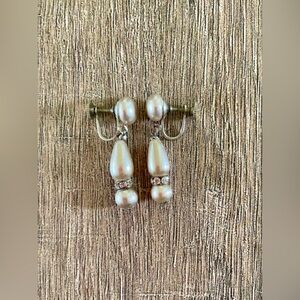 Vintage Japan stamped metal, faux pearl, and rhinestone clip on dangle earrings